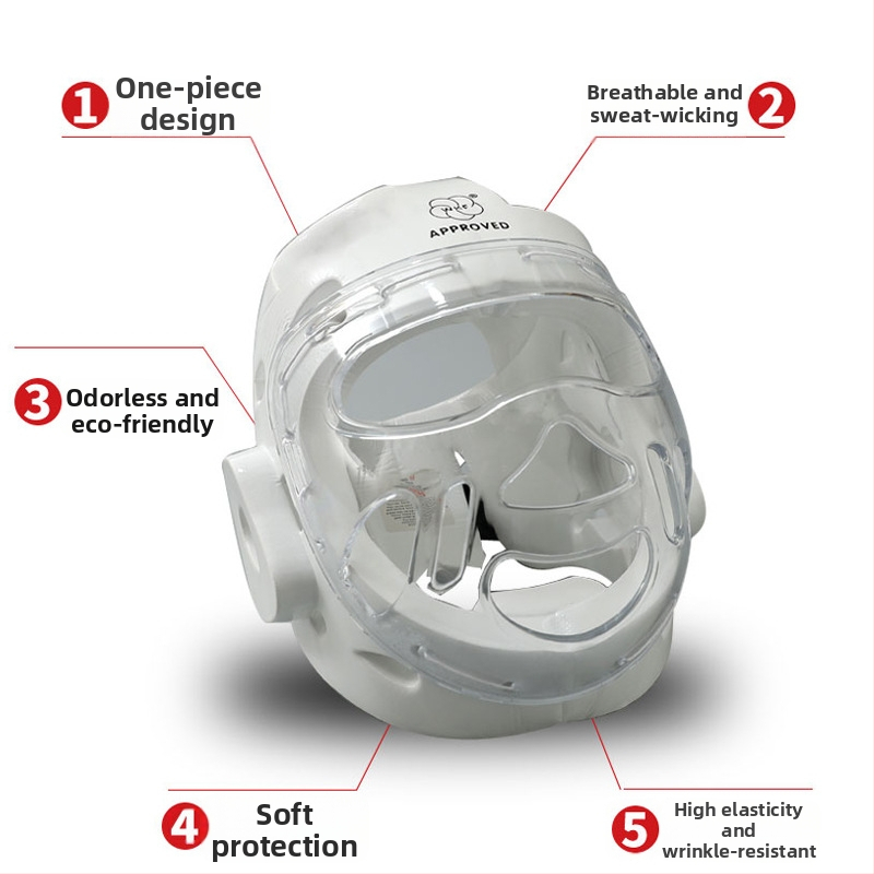 Karate prilba s ochranou tváre na súťaže a tréningy — telo z polyesterového vlákna