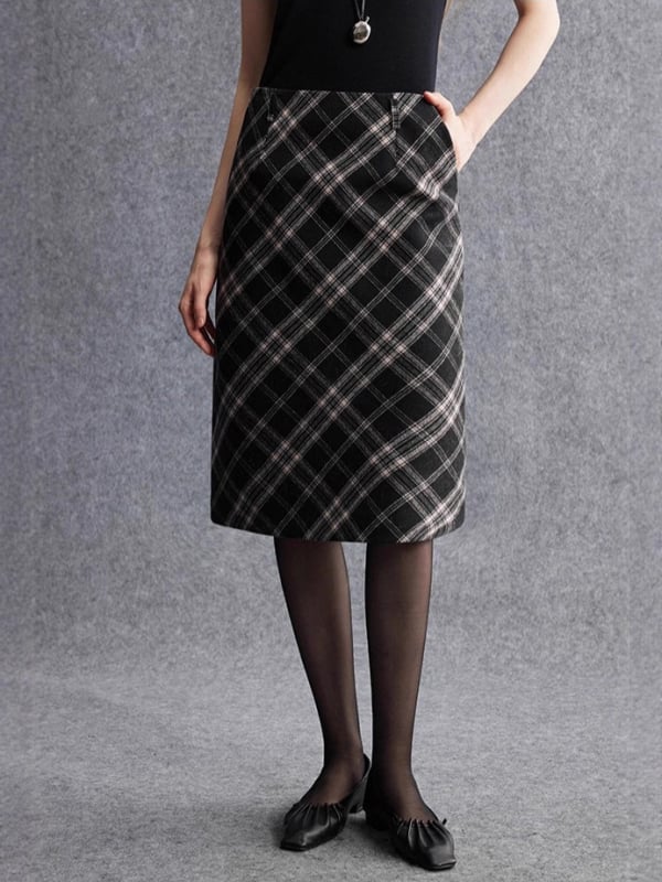 Suknja s kariranim uzorkom, vuna mješavina tkanina, glavna tkanina poliester, uski kroj, midi duljina (Pattern: Plaid; Fabric: Wool blend; Main fabric: Polyester; Skirt type: Tight skirt; Length: Mid-length)