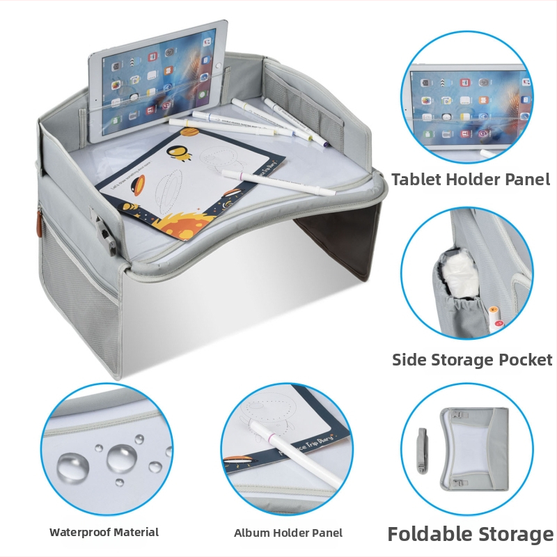 Detská autosedačková tácka na kreslenie, skladacia multifunkčná tabuľa, úložný priestor na hračky v aute, nepremokavá a ľahká, z Oxford materiálu