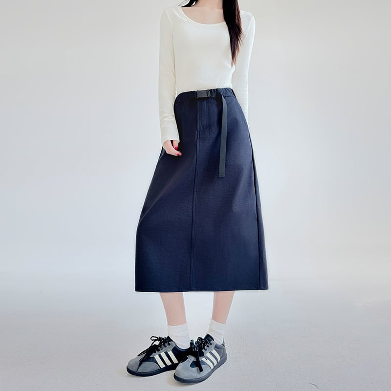 Полиестерна пола до средна дължина, едноцветен модел, 95% полиестер, микроеластична, японско-корейски ежедневен стил