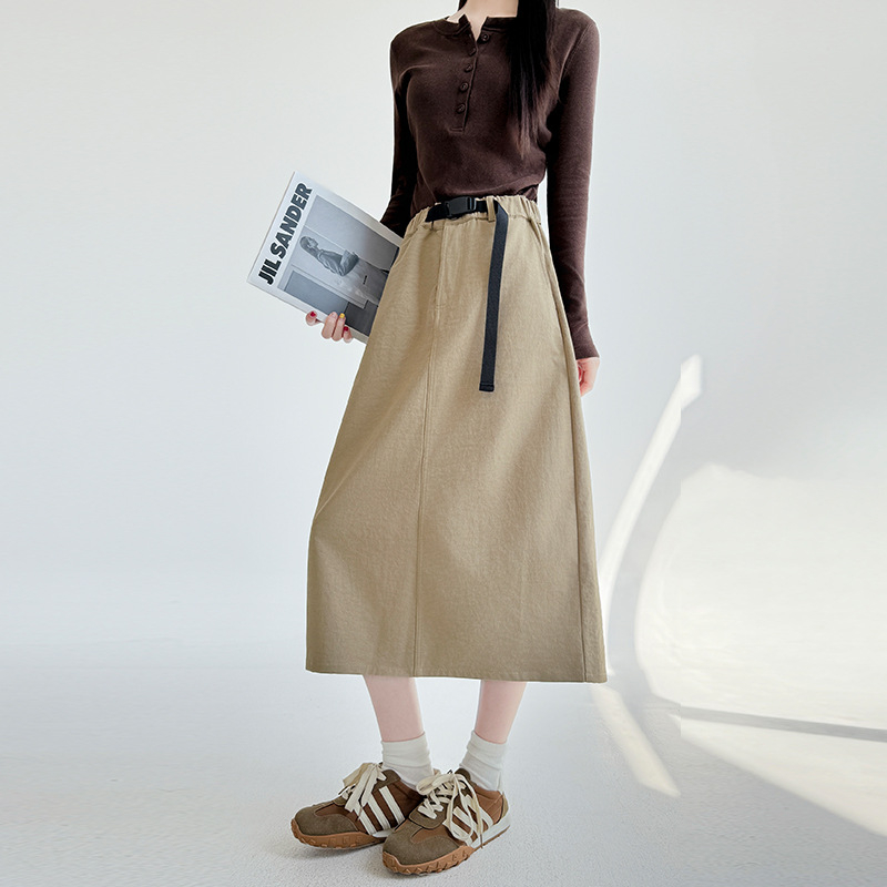 Полиестерна пола до средна дължина, едноцветен модел, 95% полиестер, микроеластична, японско-корейски ежедневен стил