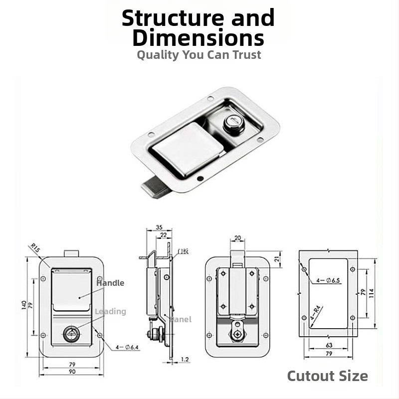 MS866-10 lacăt pentru cutie de unelte de camion, mâner plat, oțel inoxidabil, Costa; potrivit pentru șasiu, dulapuri și dulapuri electrice