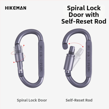 D-typ karabínka z hliníkovej zliatiny so zaisťovacím mechanizmom, pre kempovanie a vonkajšie použitie; vhodná ako prívesok na kľúče a pracka na batoh