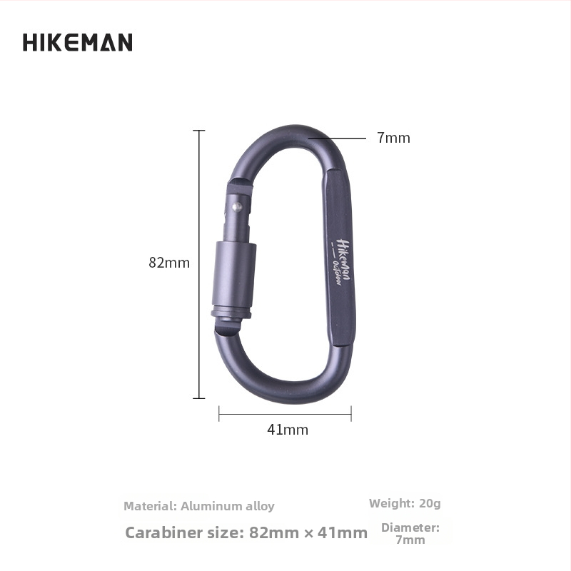 D-typ karabínka z hliníkovej zliatiny so zaisťovacím mechanizmom, pre kempovanie a vonkajšie použitie; vhodná ako prívesok na kľúče a pracka na batoh