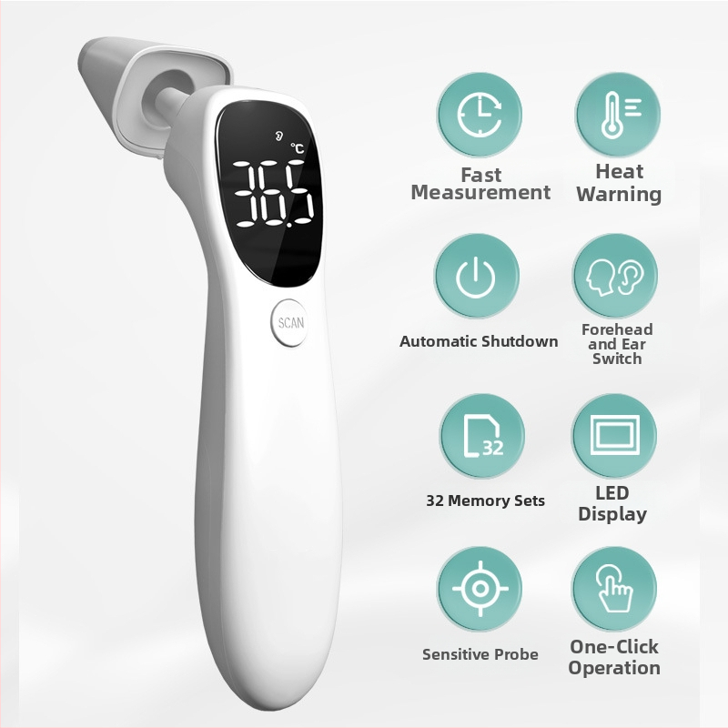 Infračervený teploměr na čelo a ucho, dvojité použitie, LED displej, nabíjateľná Li‑ion batéria 3,7 V, model Aet-r842, hmotnosť 73 g