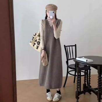 V-nyakú ujjatlan kötött ruha, midi hosszú, nylon keverék