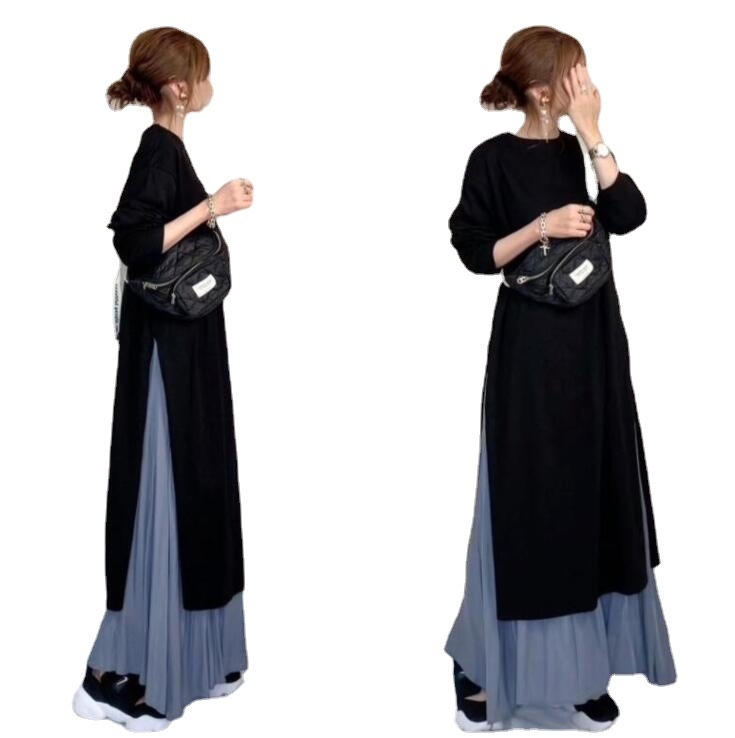 Pamutkeverékből készült hosszú ujjú ruha, kerek nyakú, laza derék