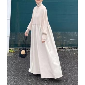 Egyszínű mintázatú ruha, cowl nyakú gallér, hosszú fodros ujjú, A-vonalú szabás, camel gyapjú 95%+