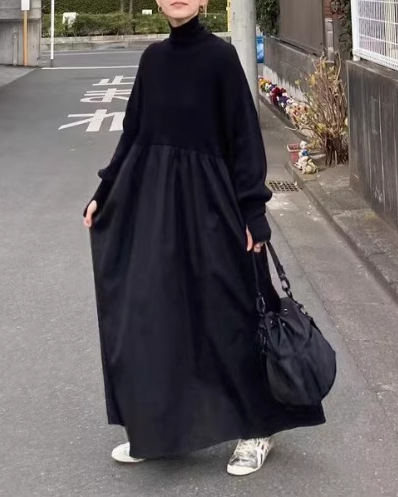 Egyszínű mintázatú ruha, cowl nyakú gallér, hosszú fodros ujjú, A-vonalú szabás, camel gyapjú 95%+