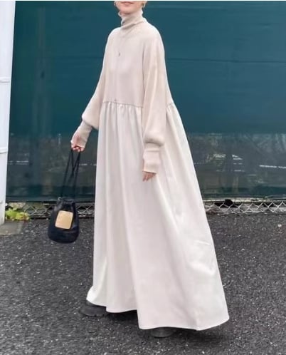 Egyszínű mintázatú ruha, cowl nyakú gallér, hosszú fodros ujjú, A-vonalú szabás, camel gyapjú 95%+