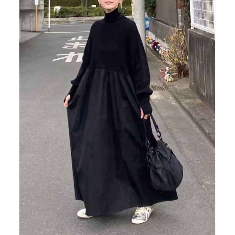 Egyszínű mintázatú ruha, cowl nyakú gallér, hosszú fodros ujjú, A-vonalú szabás, camel gyapjú 95%+