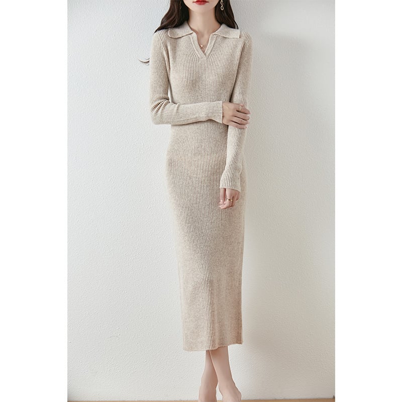 Női hosszú gyapjú kötött ruha polo gallérral, magas derekú szabás, egyrészes szoknya