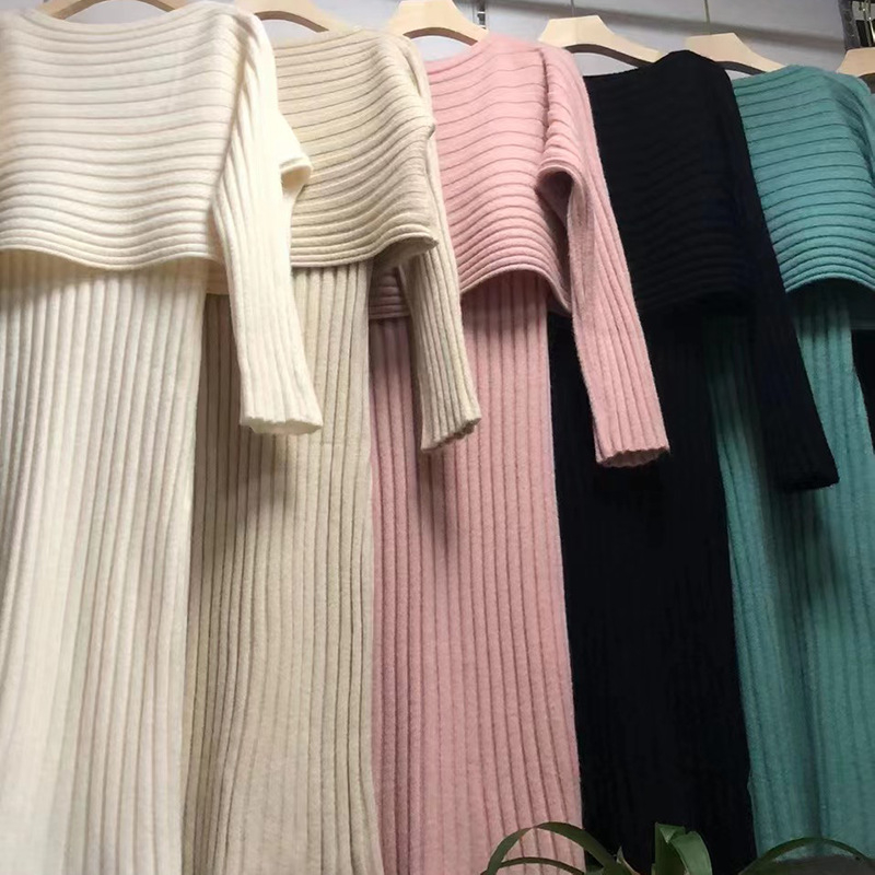 Pleteni dvodjelni set haljine s trakama; pulover; off-shoulder; batwing dugi rukavi; visokim strukom; midi duljina; materijal acetat i viskoza