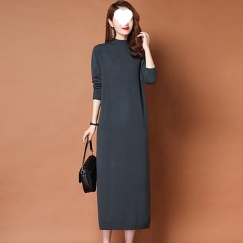 Hosszú kötött ruha A-vonalú, fél-turtleneck gallérral, hosszú ujjú, viszkóz-poliészter keverék