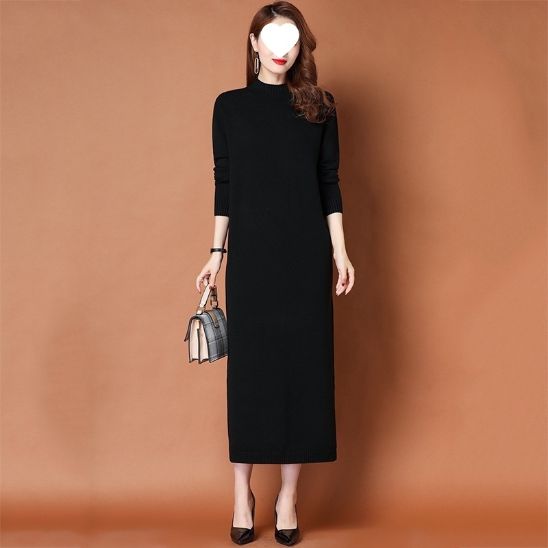 Hosszú kötött ruha A-vonalú, fél-turtleneck gallérral, hosszú ujjú, viszkóz-poliészter keverék