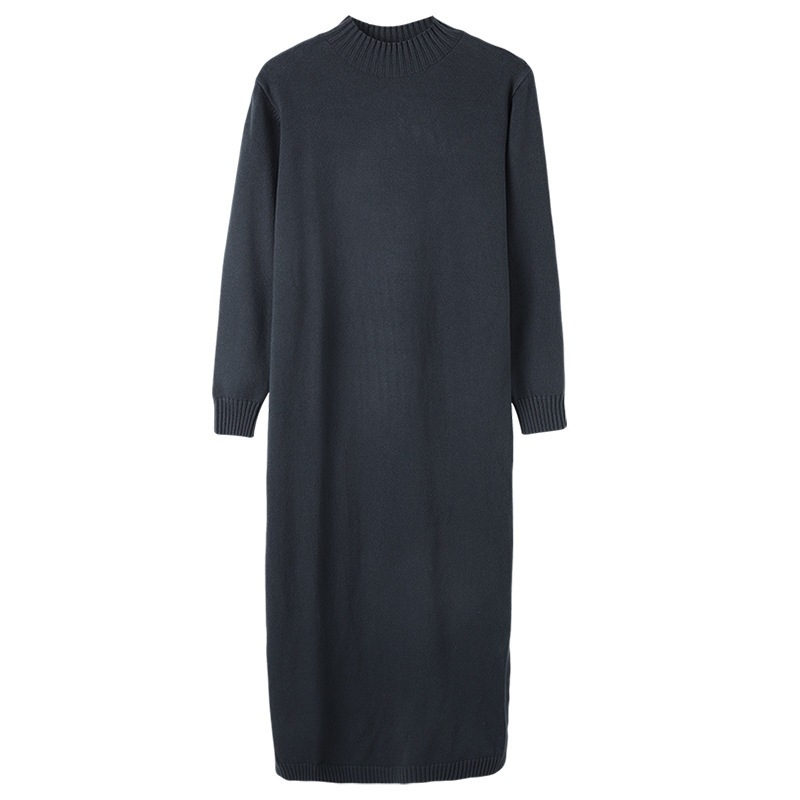 Hosszú kötött ruha A-vonalú, fél-turtleneck gallérral, hosszú ujjú, viszkóz-poliészter keverék