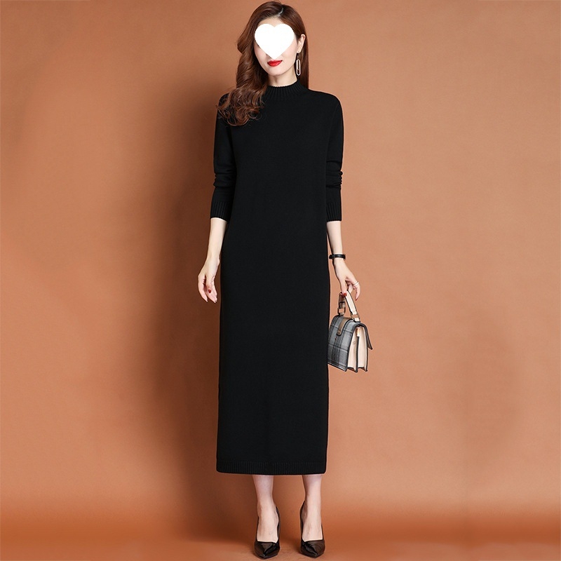 Hosszú kötött ruha A-vonalú, fél-turtleneck gallérral, hosszú ujjú, viszkóz-poliészter keverék
