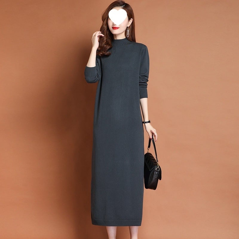 Hosszú kötött ruha A-vonalú, fél-turtleneck gallérral, hosszú ujjú, viszkóz-poliészter keverék
