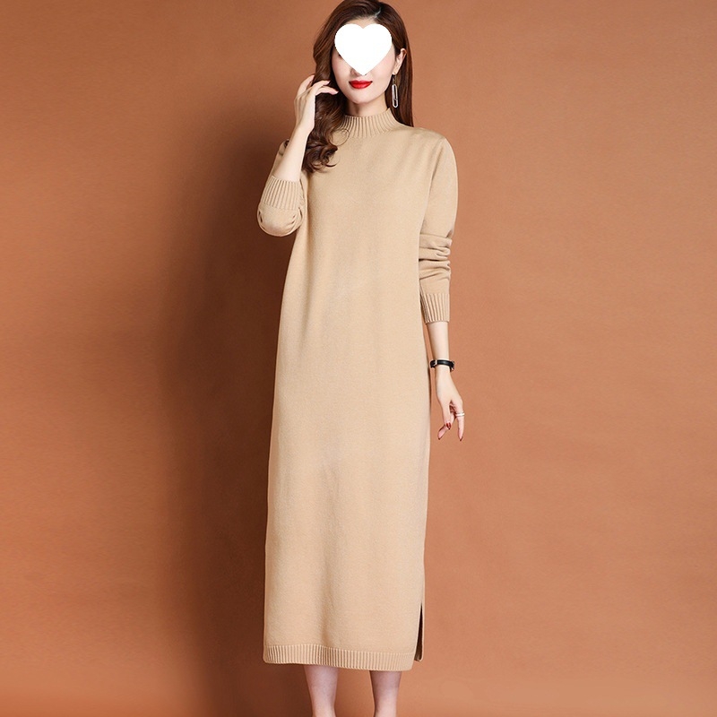 Hosszú kötött ruha A-vonalú, fél-turtleneck gallérral, hosszú ujjú, viszkóz-poliészter keverék