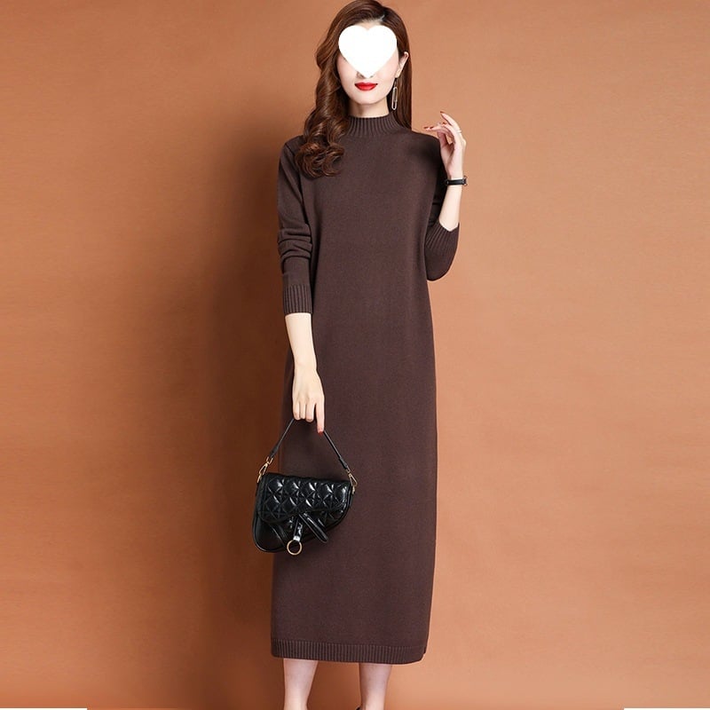 Hosszú kötött ruha A-vonalú, fél-turtleneck gallérral, hosszú ujjú, viszkóz-poliészter keverék