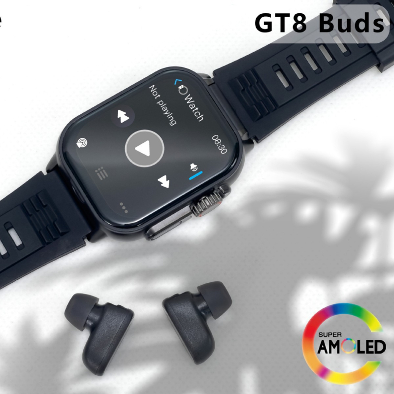 GT8 Buds pametni sat s AMOLED zaslonom, TPU remenom, aluminijski kućište, upravljanje dodirom i tipkom, mjerenje otkucaja srca