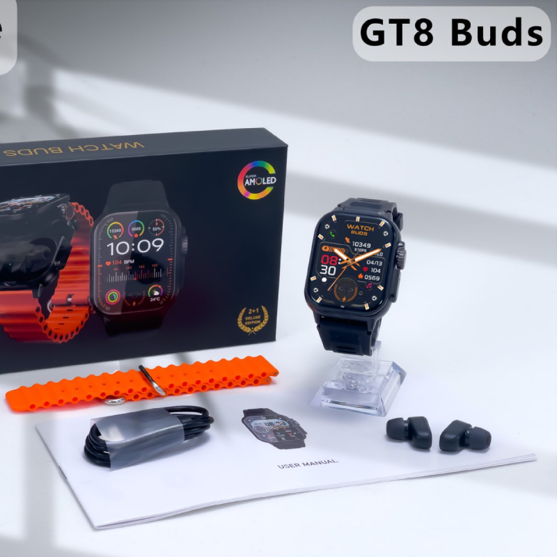 GT8 Buds pametni sat s AMOLED zaslonom, TPU remenom, aluminijski kućište, upravljanje dodirom i tipkom, mjerenje otkucaja srca