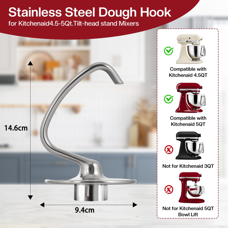 Kuka za tijesto od nehrđajućeg čelika za KitchenAid 5 Qt – odvojiva dodatna oprema