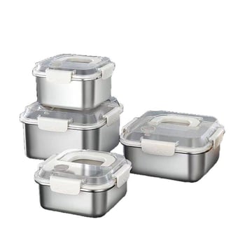 Ланчбокс от 304 неръждаема стомана с капак, квадратен, подходящ за микровълнова, капацитет 1–2 л, един слой