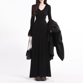Francia stílusú kötött hosszú ruha V-nyakkal, széles ujjú, A-vonalú szabás, boka hosszú