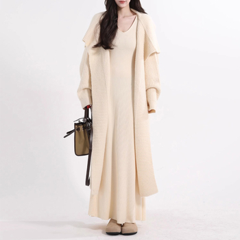 Francia stílusú kötött hosszú ruha V-nyakkal, széles ujjú, A-vonalú szabás, boka hosszú