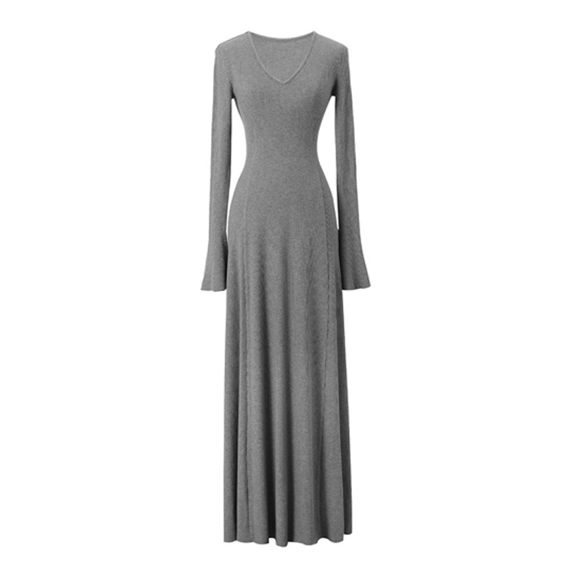 Francia stílusú kötött hosszú ruha V-nyakkal, széles ujjú, A-vonalú szabás, boka hosszú