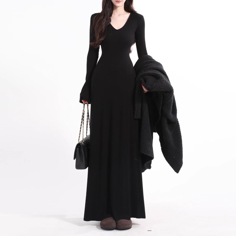 Francia stílusú kötött hosszú ruha V-nyakkal, széles ujjú, A-vonalú szabás, boka hosszú