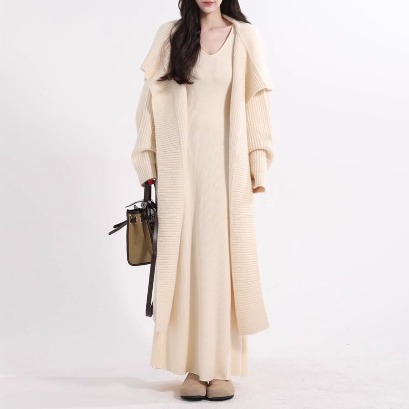 Francia stílusú kötött hosszú ruha V-nyakkal, széles ujjú, A-vonalú szabás, boka hosszú