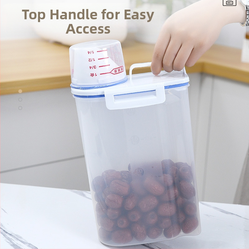 Διαφανής σφραγιζόμενος αποθηκευτικός κάδος τροφίμων από PP, κατάλληλος για ρύζι, αλεύρι και δημητριακά, ανθεκτικός σε έντομα και υγρασία, ορθογώνιο σχήμα, χωρητικότητα 2.1–3 L