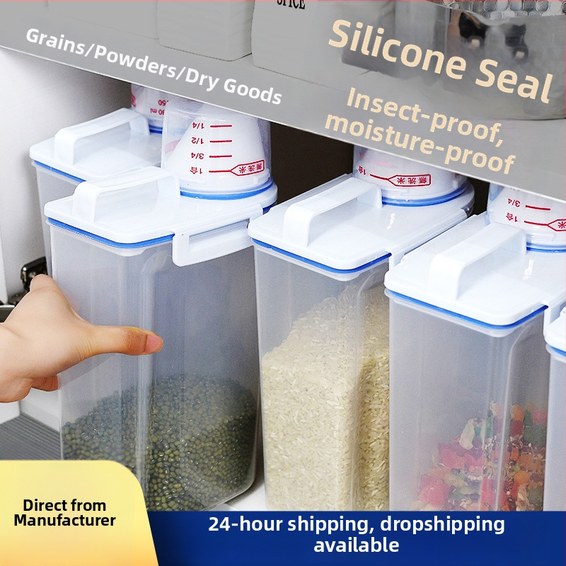 Διαφανής σφραγιζόμενος αποθηκευτικός κάδος τροφίμων από PP, κατάλληλος για ρύζι, αλεύρι και δημητριακά, ανθεκτικός σε έντομα και υγρασία, ορθογώνιο σχήμα, χωρητικότητα 2.1–3 L