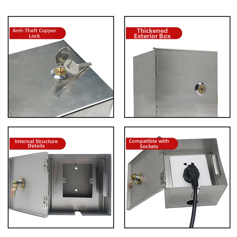 Външна 86-тип кутия от неръждаема стомана за защита от кражба с ключалка за захранване и розетка (IP45, корпус от неръждаема стомана, 10 A номинален ток)