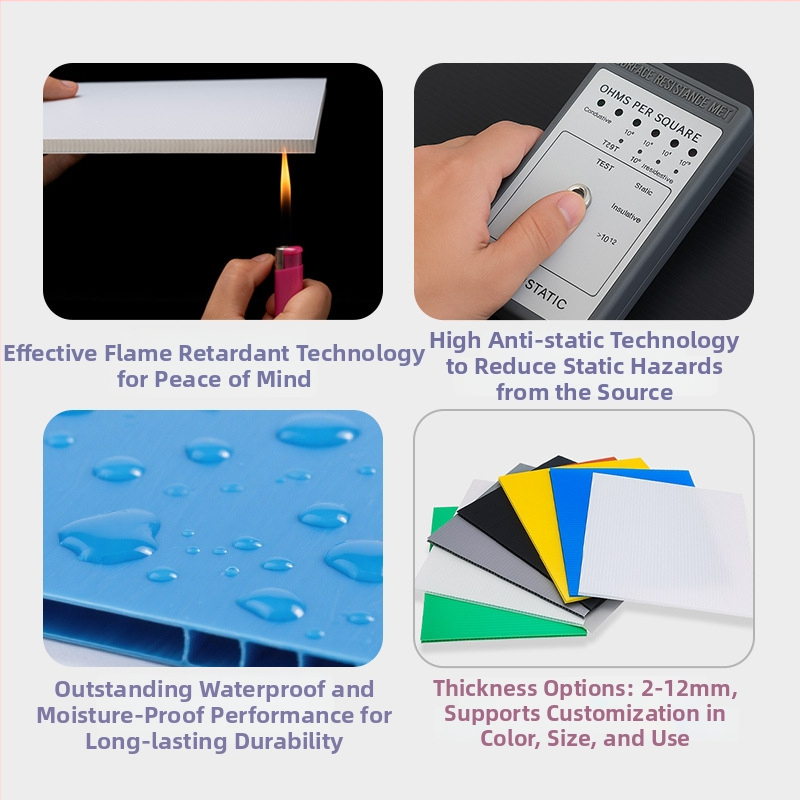 PP dutá doska pre prepravné krabice, odolná voči vlhkosti, skladacia, recyklovateľná, prispôsobiteľné vnútorné a vonkajšie rozmery, hrúbka steny 2-6 mm