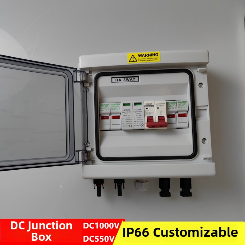 Vodotesná PV DC kombinovacia skriňa s ochranou proti bleskom, konfigurácia vstupov/výstupov (1/2/3/4/6/8 vstupov, 1/2/4 výstupov), IP66, rám ABS+PC, kryt PC, Haoxuan Electric, menovitý prúd 16 A