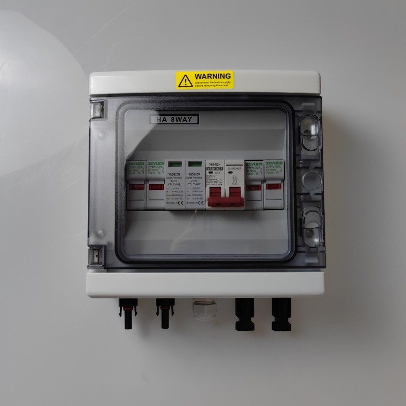 Водоустойчива фотоволтаична DC комбинираща кутия за защита от мълнии, конфигурация входов 1/2/3/4/6/8 и изходов 1/2/4, IP66, корпус ABS+PC, капак PC, Haoxuan Electric, номинален ток 16 A