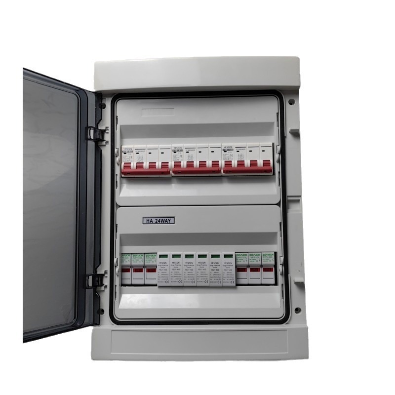 Водоустойчива фотоволтаична DC комбинираща кутия за защита от мълнии, конфигурация входов 1/2/3/4/6/8 и изходов 1/2/4, IP66, корпус ABS+PC, капак PC, Haoxuan Electric, номинален ток 16 A