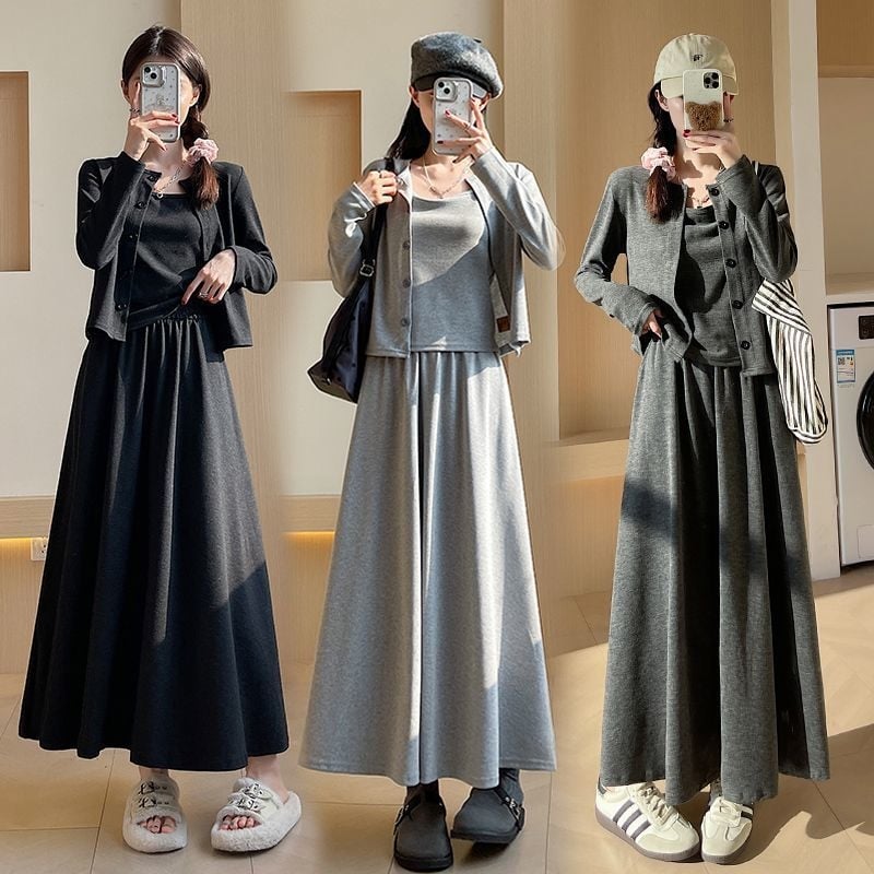 Háromrészes kötött készlet: álló galléros kardigán, pántos ruha és tündérszoknya