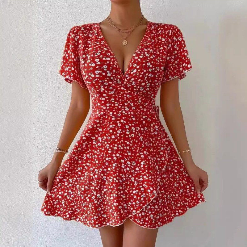 Yilin лятна дамска рокля 2025 — полиестер, флорален принт, V-образно деколте, къси ръкави, регулируема талия