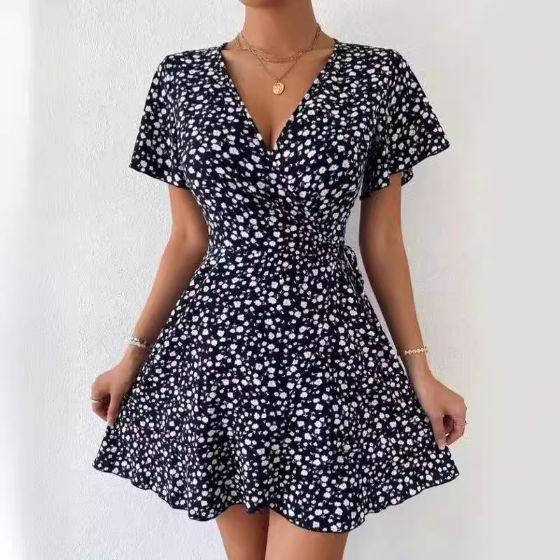 Yilin лятна дамска рокля 2025 — полиестер, флорален принт, V-образно деколте, къси ръкави, регулируема талия