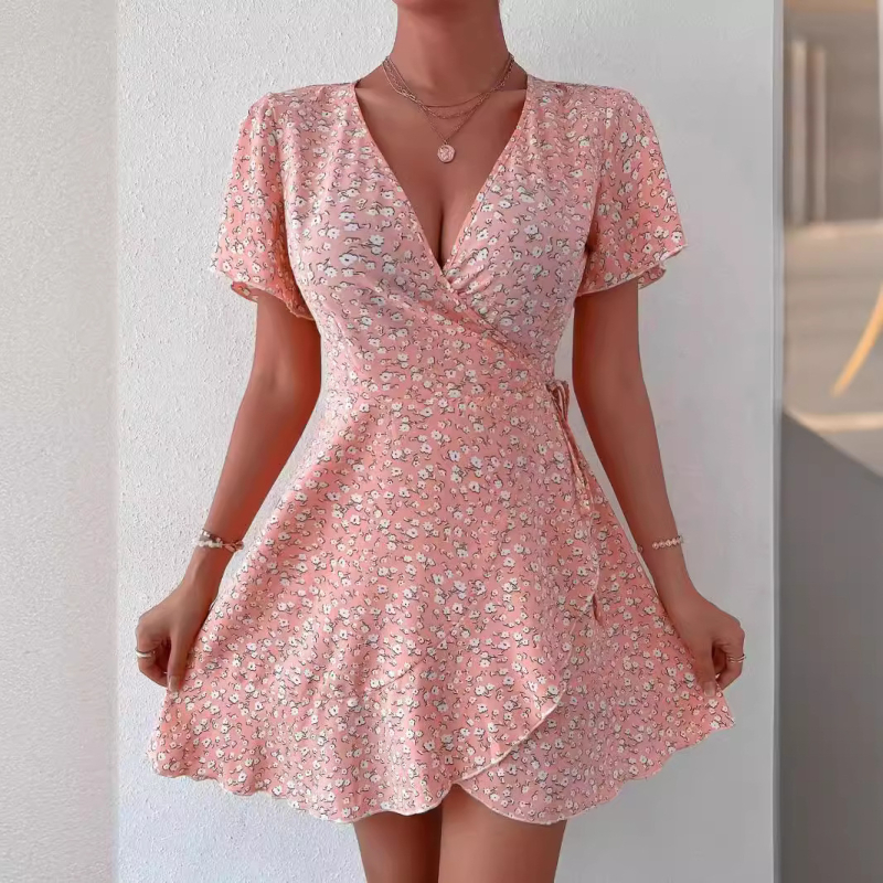 Yilin лятна дамска рокля 2025 — полиестер, флорален принт, V-образно деколте, къси ръкави, регулируема талия
