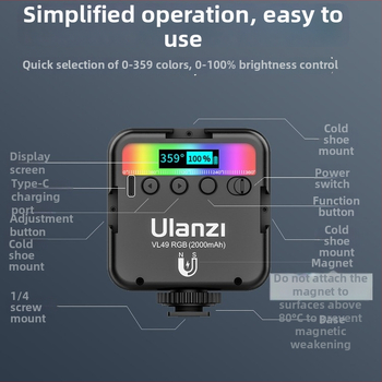 VL49RGB LED de umplere RGB pentru fotografie; lumină portabilă pentru telefoane mobile și camere; potrivit pentru streaming live
