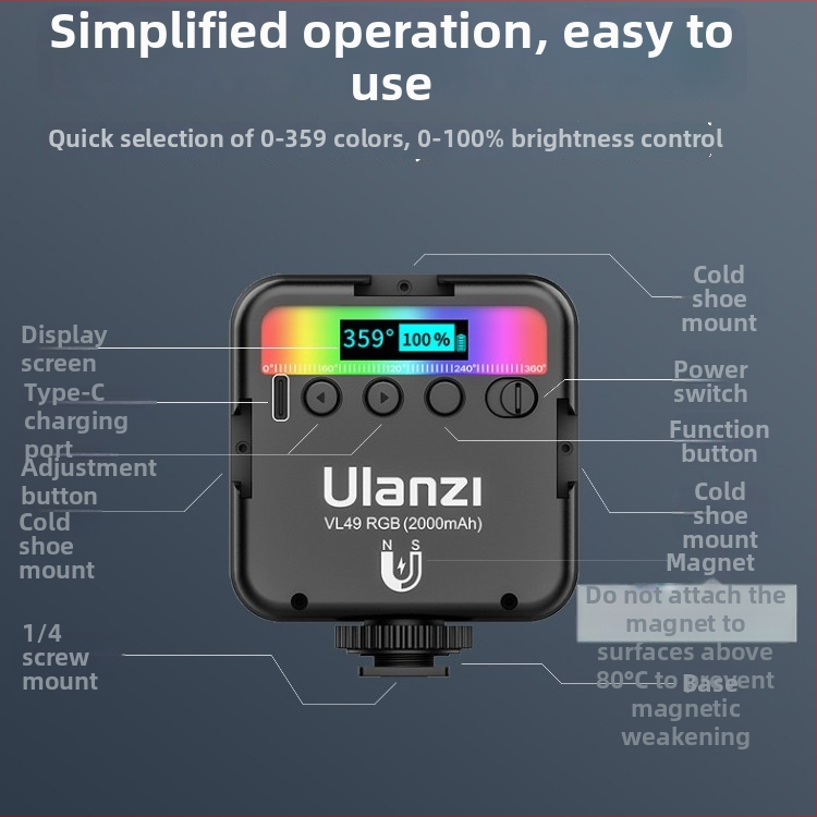 VL49RGB LED de umplere RGB pentru fotografie; lumină portabilă pentru telefoane mobile și camere; potrivit pentru streaming live