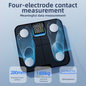 Váha na meranie telesného tuku a vody – 4 senzory, Bluetooth BLE, LED displej, 180 kg kapacita