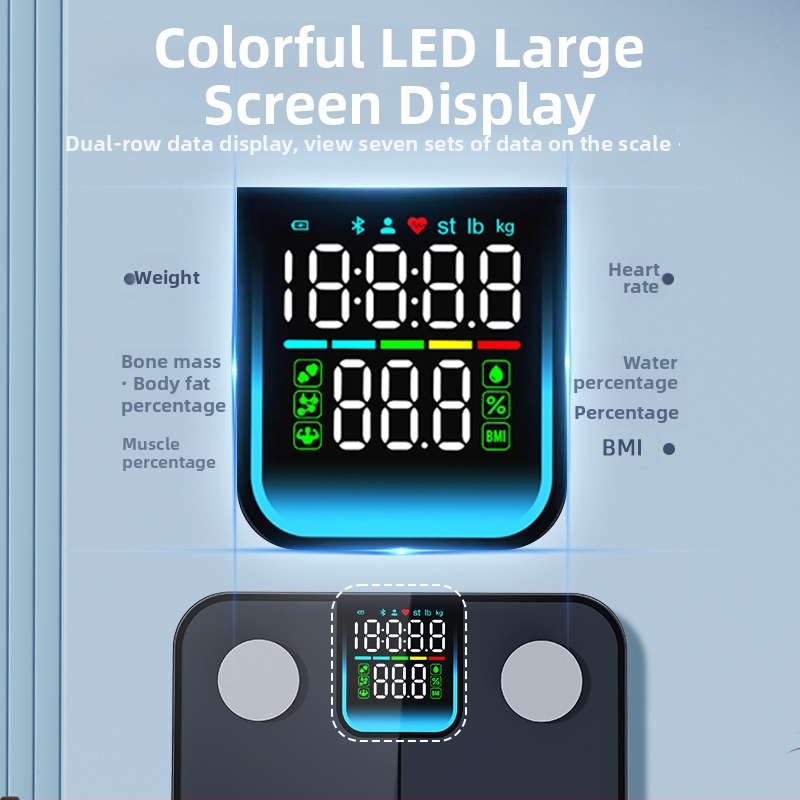 Váha na meranie telesného tuku a vody – 4 senzory, Bluetooth BLE, LED displej, 180 kg kapacita