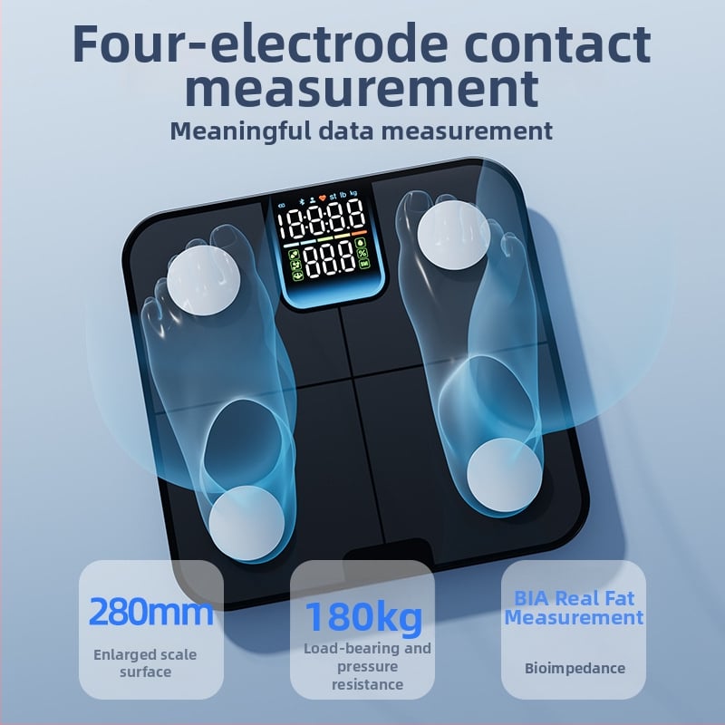 Váha na meranie telesného tuku a vody – 4 senzory, Bluetooth BLE, LED displej, 180 kg kapacita