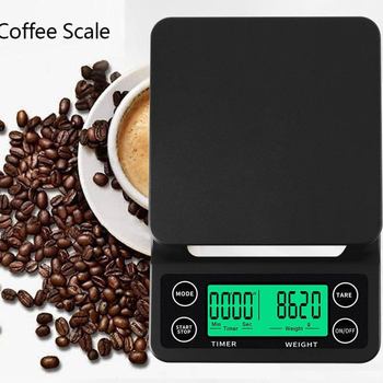 Везна за кафе с таймер K07, електронна кухненска везна, измерване 0.3–5000 g, функция тара, обратно броене, автоматично изключване, две AA батерии, единици: g/ml/lb/oz